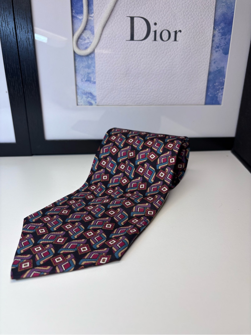 Christian Dior Designer Men’s Silk Tie in Geometric Pattern Black Purple Tan NWT